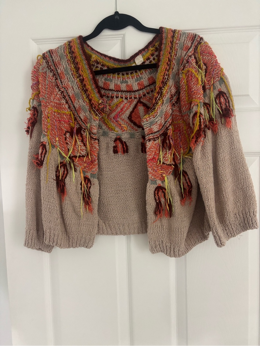 Anthropologie Beige Knit Cardigan with Multicolor Woven Fringe Yoke